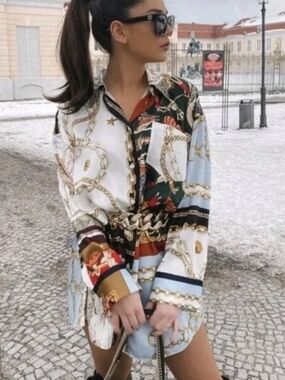 Zara Oversized Patchwork Shirt Dress Zodiac Chain Design - Medium